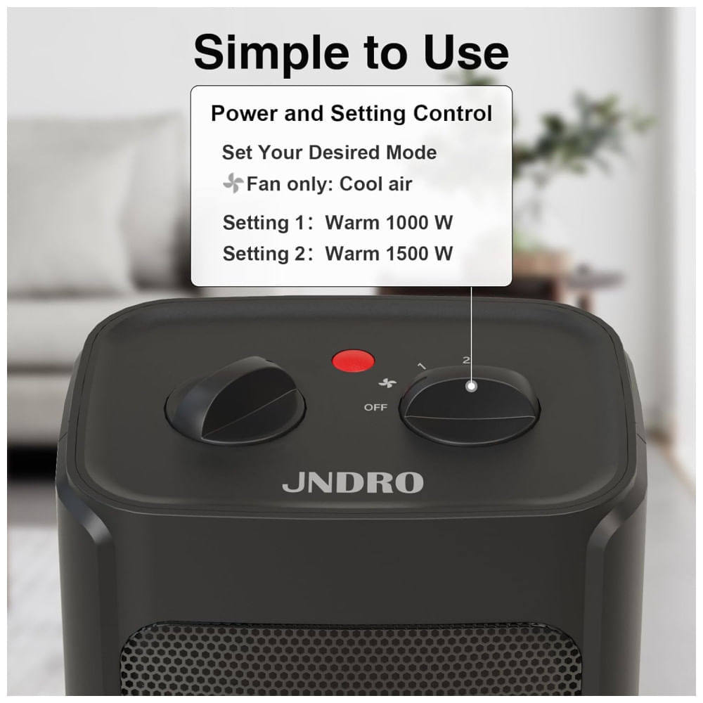 Miniatura Aquecedor Portátil de Ambiente JNDRO 1500W/750W, Ventilador de Cerâmica Silencioso, Termostato, Aquecimento de 18,5m² Interno