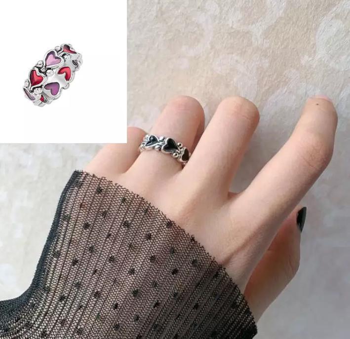 Miniatura Anel Formato Coração Prateado Colorido Vermelho Lilás