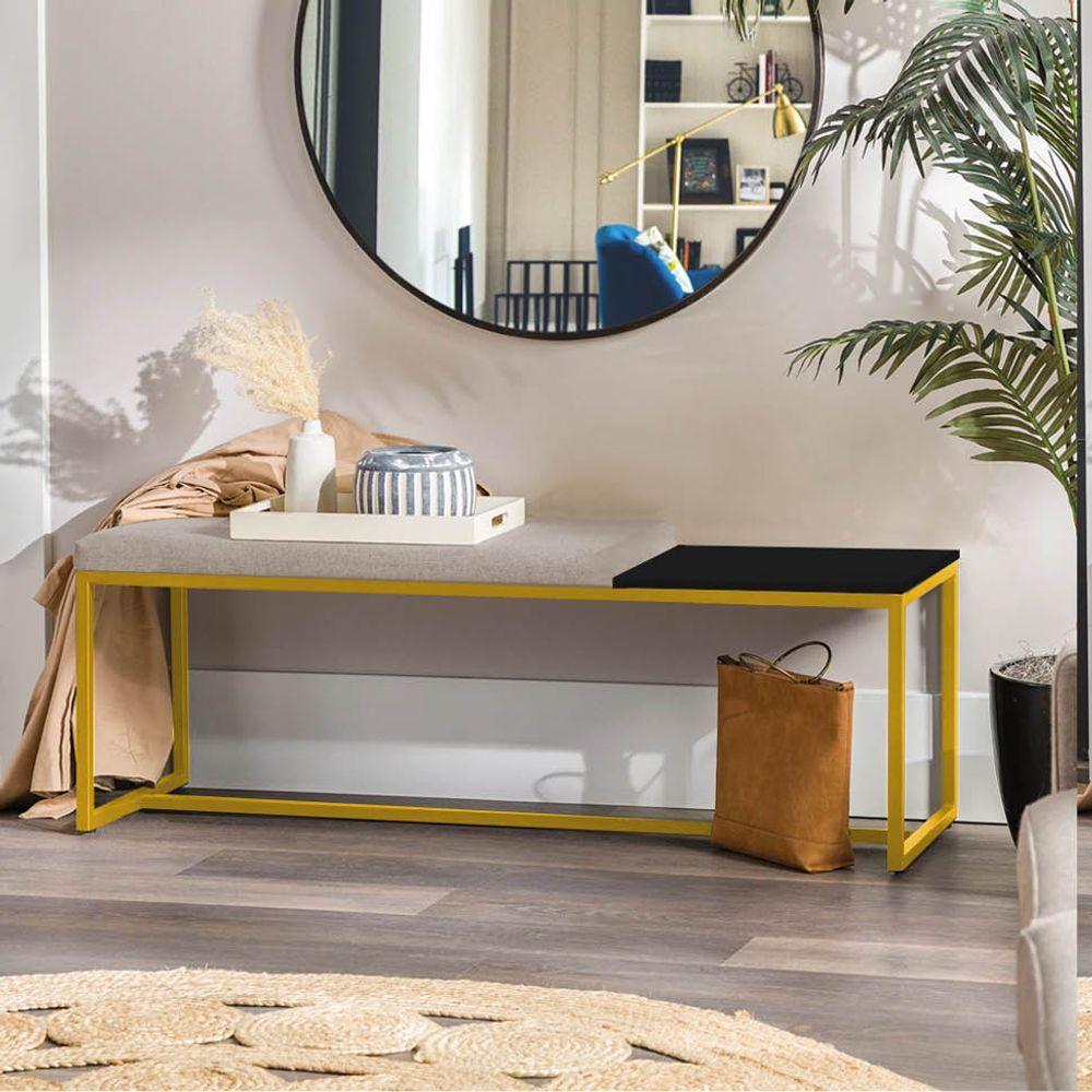 Miniatura Banco Recamier Puff 160cm Industrial Dourado Suede Bege Tampo Quadrado Mdf Preto
