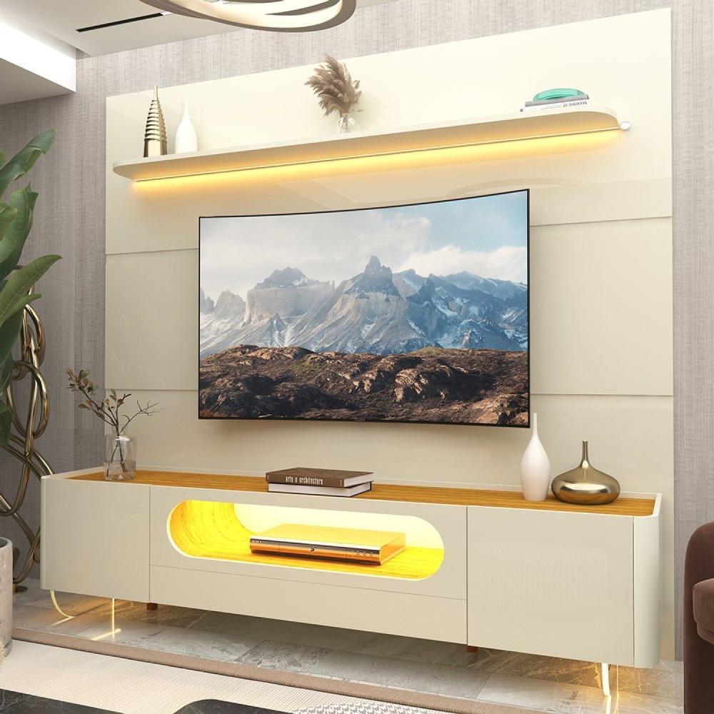 Miniatura Rack com Painel para Tv até 85 Polegadas 1 Gaveta 2 Portas com Led 1 Prateleira Off White/Off White-Naturale