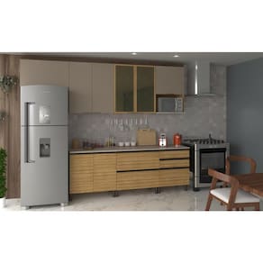 Miniatura Cozinha Completa Bartira Cristal 300cm com 8 Portas 5 Gavetas e Nicho Micro-ondas Lâmina Mel e Nude