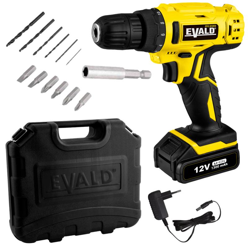 Miniatura Parafusadeira e Furadeira à Bateria 12V Bivolt PFE-12EV com Maleta e Kit EVALD Bivolt
