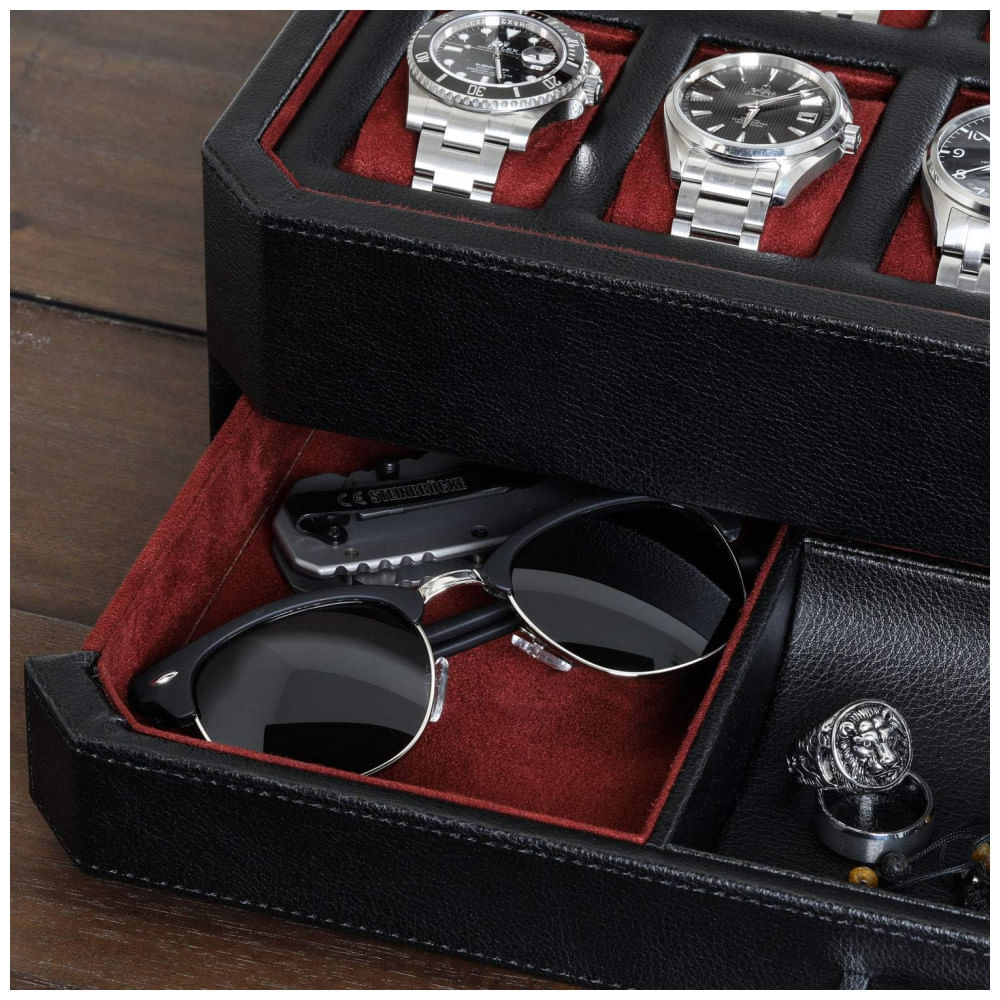 Miniatura Caixa, Estojo de Couro com Gaveta de Manobrista para Relógios com 12 Compartimentos, ROTHWELL, Preto e Vermelho