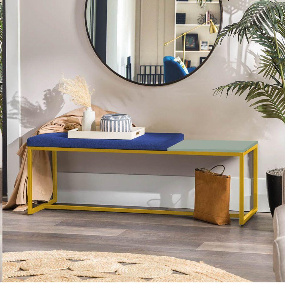 Miniatura Banco Recamier Puff 195cm Industrial Dourado Suede Azul Marinho Tampo Quadrado Mdf Verde