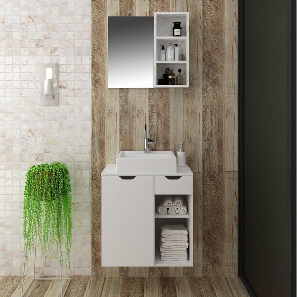 Miniatura Conjunto de Banheiro com Gabinete Suspenso 60cm e Espelheira 3 Nichos Mármore/Branco