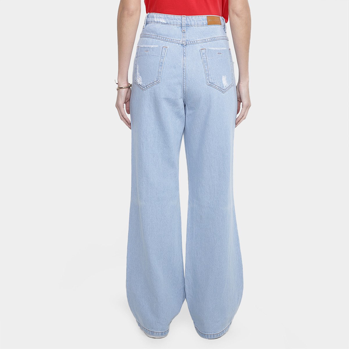 Miniatura Calça Jeans Wide Leg Destroyed Cós Diferenciado Cintura Alta Feminina Azul - 34