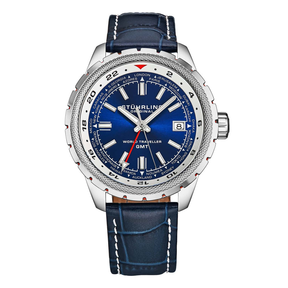 Miniatura Relógio Global Voyager 1014 GMT 42 mm com cronômetro mundial e design Lunar Shadow, da Stuhrling.