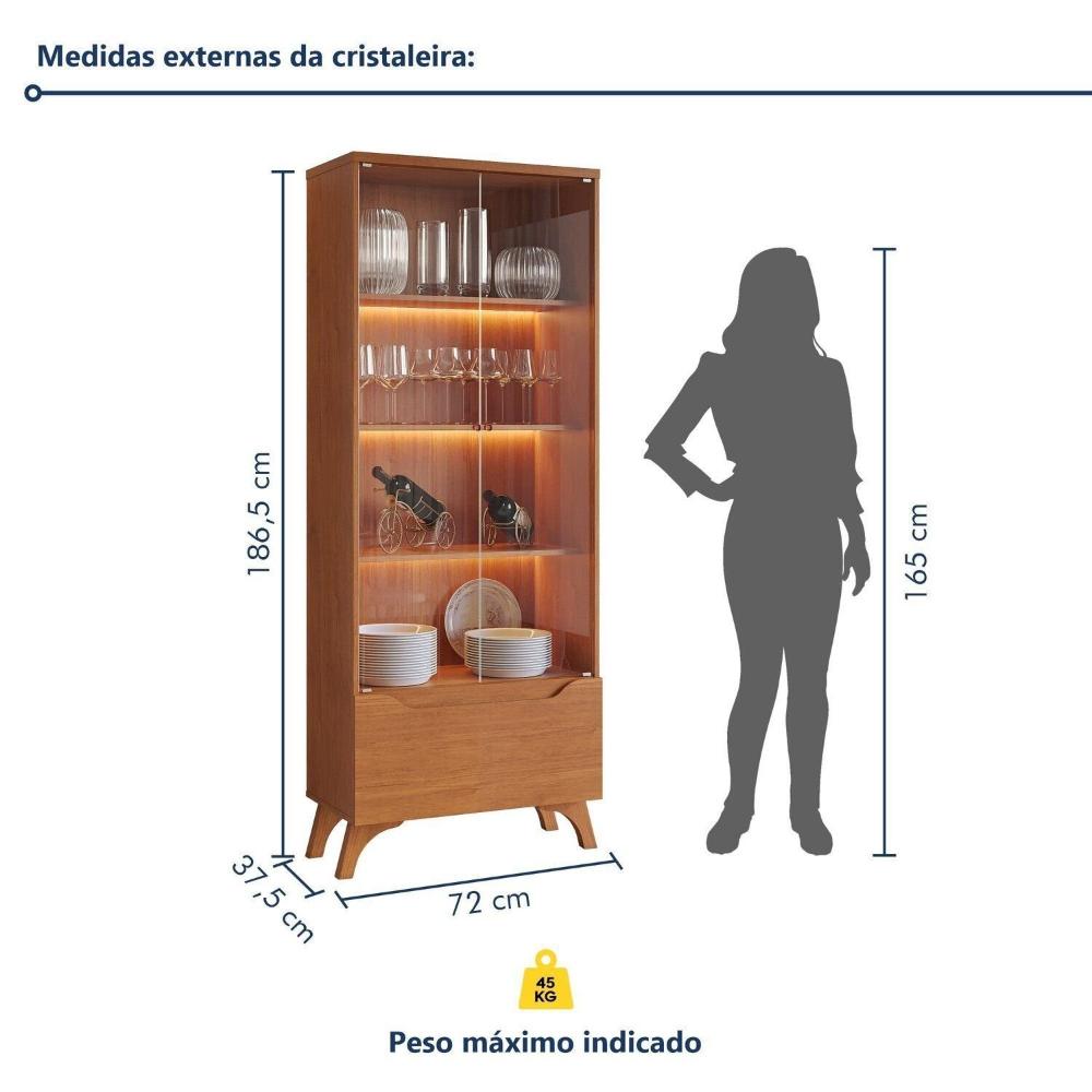 Miniatura Cristaleira 2 Portas 1 Gaveta 3 Prateleiras com Led Pés em Madeira Maciça Grecia New Naturalle