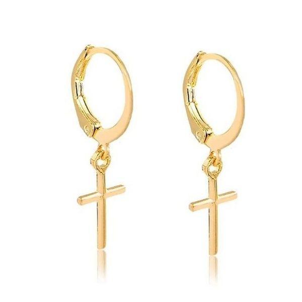 Miniatura Brinco Masculino Argola Cruz Folheado A Ouro