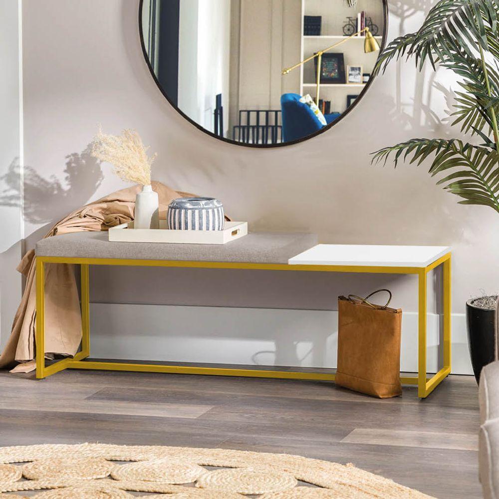 Miniatura Banco Recamier Puff 160cm Industrial Dourado Suede Bege Tampo Quadrado Mdf Branco