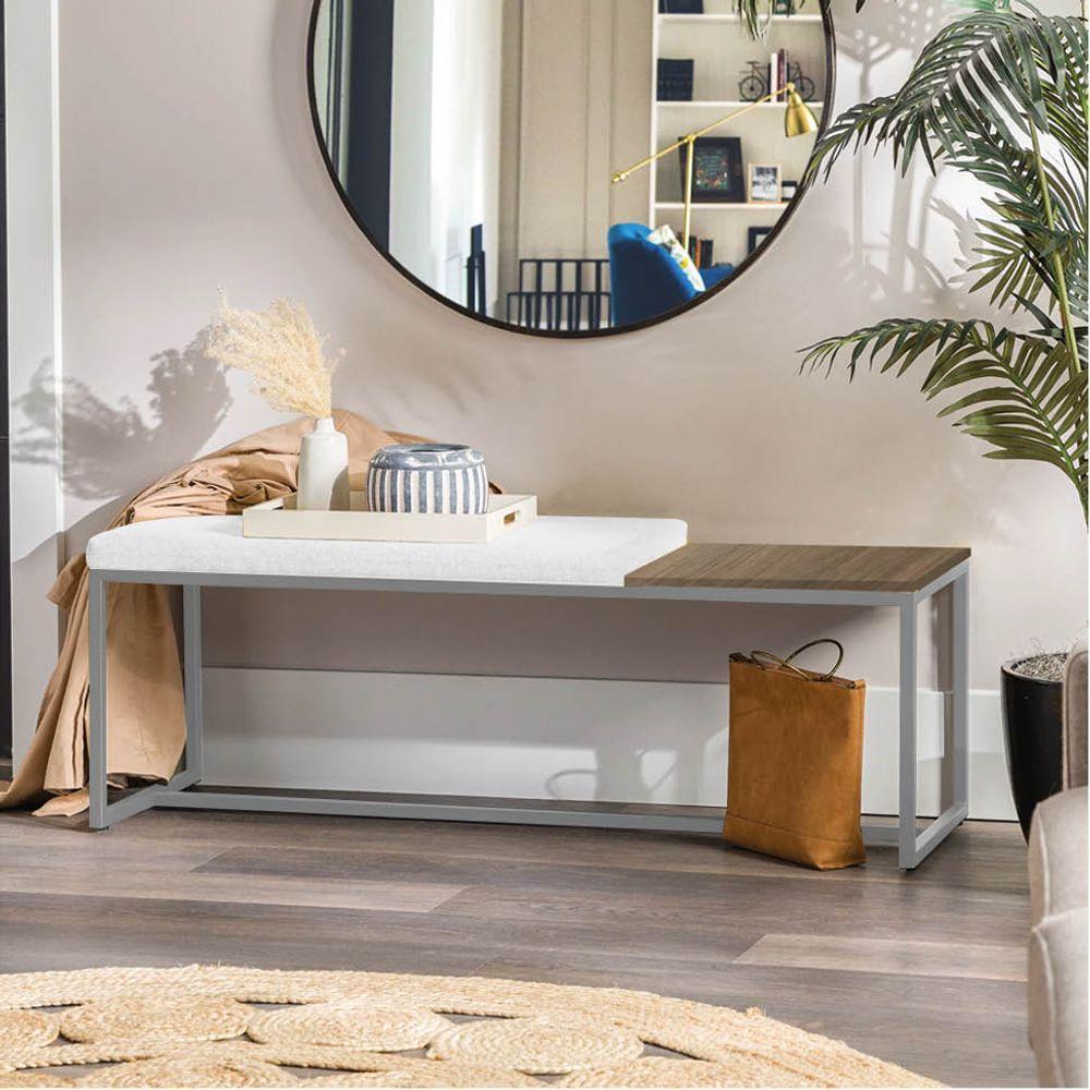 Miniatura Banco Recamier Puff 140cm Industrial Cinza Corino Branco Tampo Quadrado Mdf Marmorizado