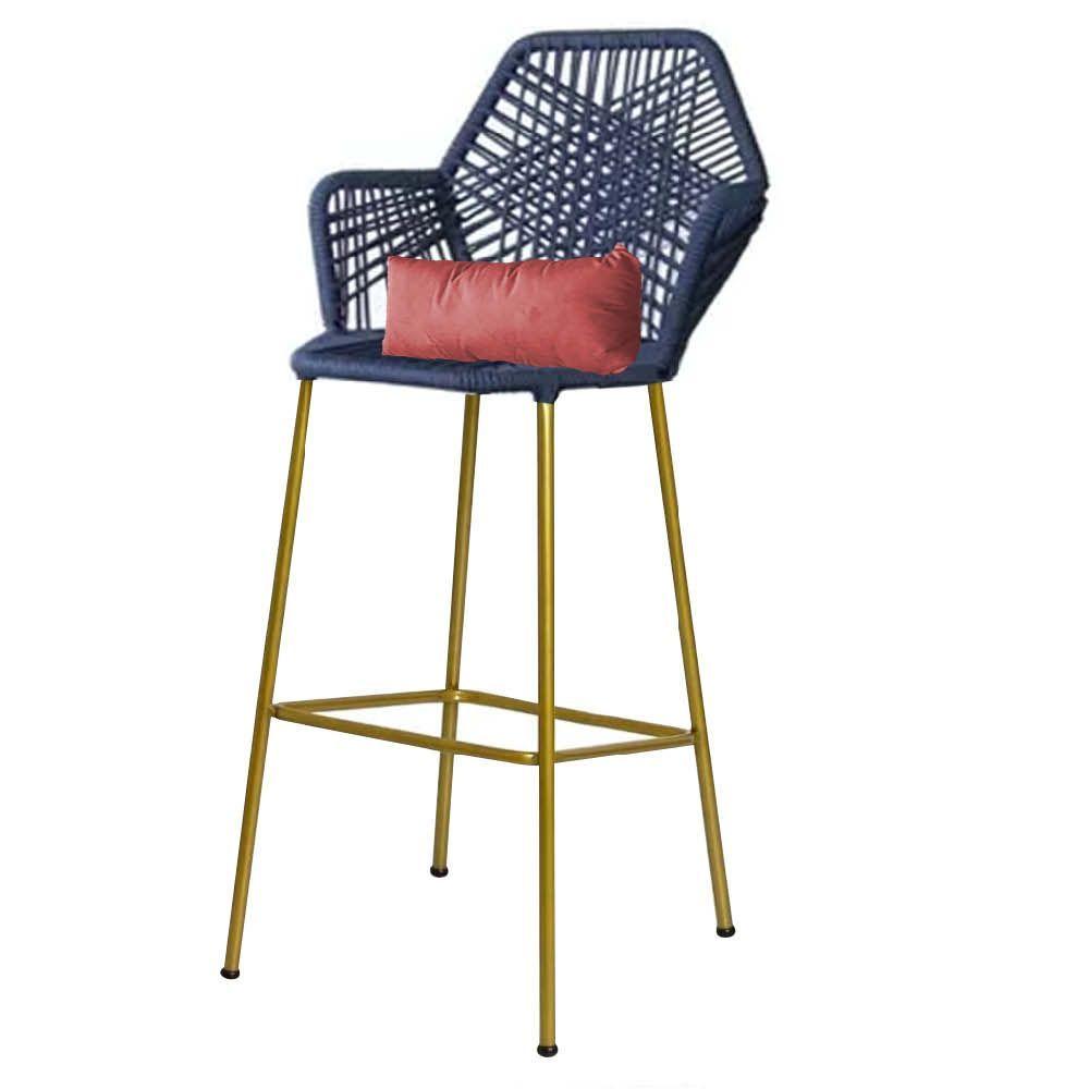 Miniatura Banqueta Alta Com Encosto Sttar Ferro Dourado Fibra Azul Marinho Almofada Suede Rose Gold