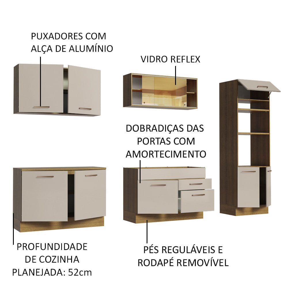 Armário de Cozinha Completa 310 cm Rustic/Crema Agata Madesa 01 Cor:Rustic/Crema