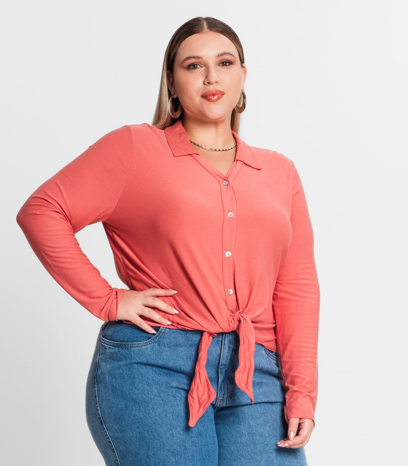 Miniatura Camisa Feminina Plus Size Em Viscose Secret Glam Laranja Plus G1
