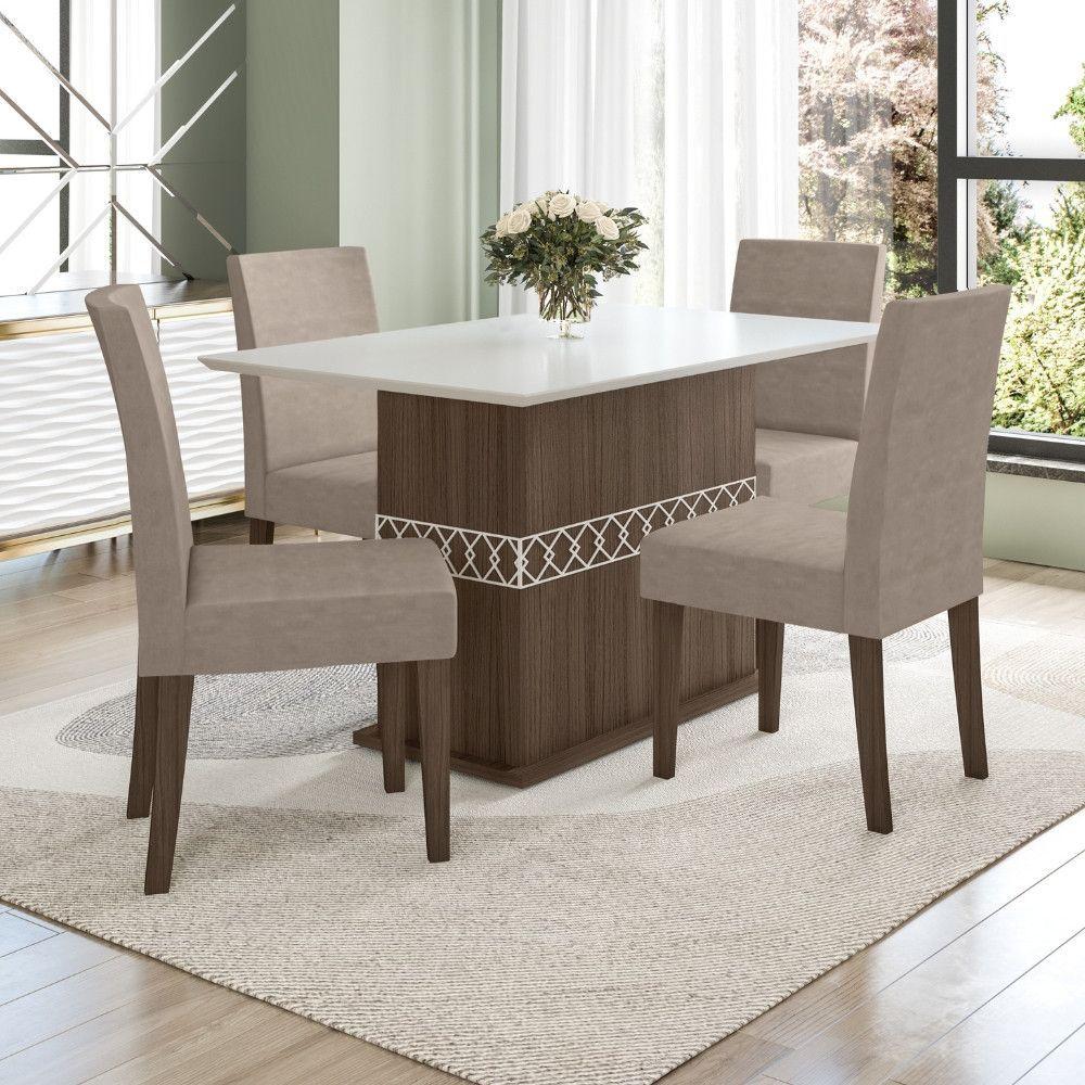 Miniatura Conjunto Sala De Jantar Retangular Mesa Agata 136cm E 04 Cadeiras Josi Amêndoa Com Off White