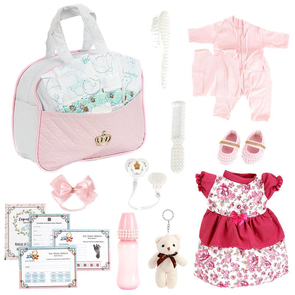Miniatura Kit Bolsa E Enxoval Para Bebê Reborn Rosa 19 Itens
