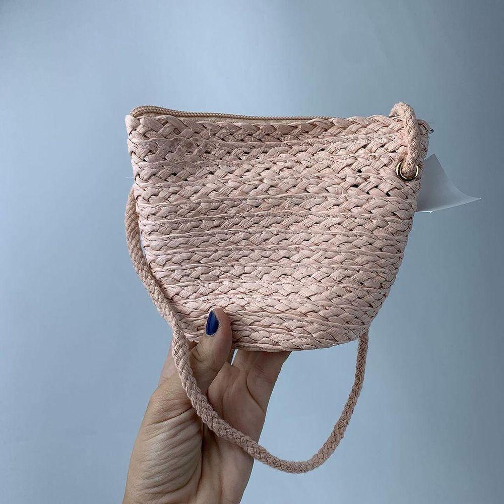 Miniatura Bolsa Infantil Feminina Mini Bag Em Palha Sintética Transversal De Ombro Com Lacinho rosa Claro