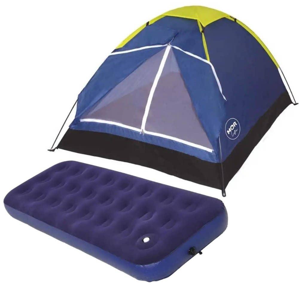 Miniatura Barraca Iglu para Camping 2 Pessoas Azul com Colchão Inflável Solteiro e Inflador Mecânico MOR