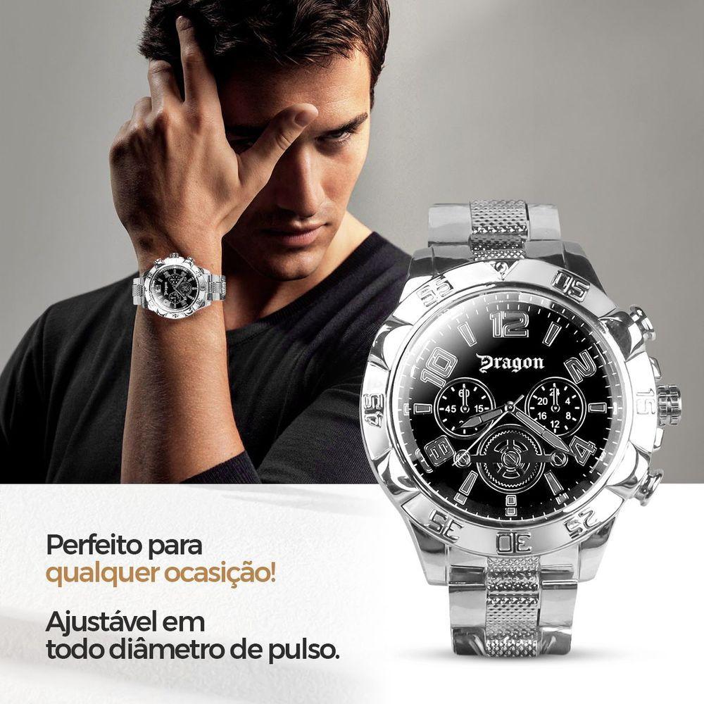 Miniatura Kit Relógio Masculino Analógico Orizom Spaceman Dragon em Aço Inox Prata com Cordão Crucifixo
