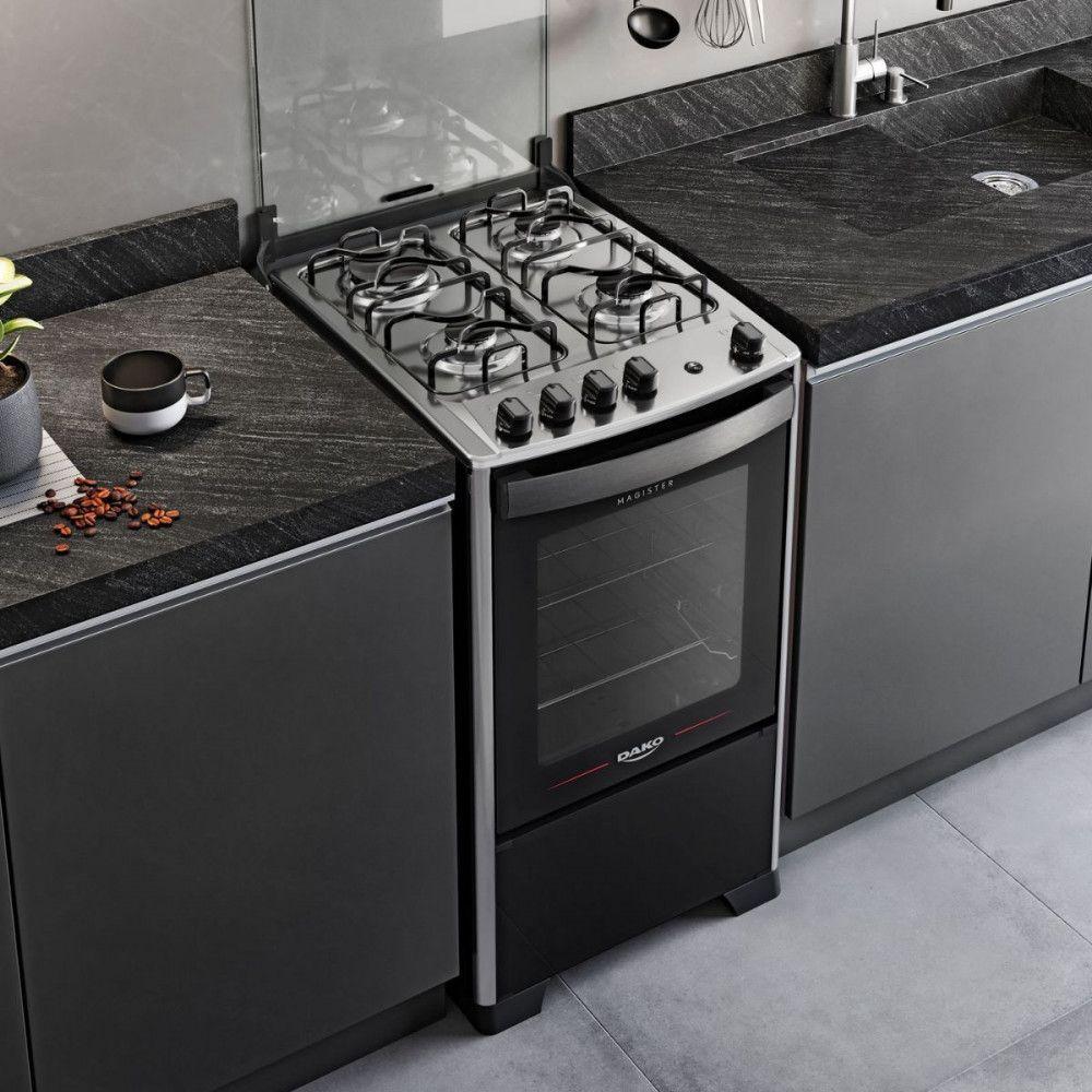 Miniatura Fogão 4 Bocas Com Mesa Inox Dako Magister Preto Bivolt