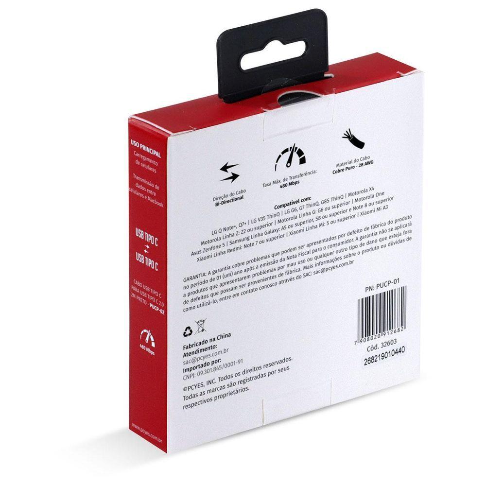 Cabo Usb Tipo C 2.0 Para Usb Tipo C 2.0 1m Preto - Pucp-01
