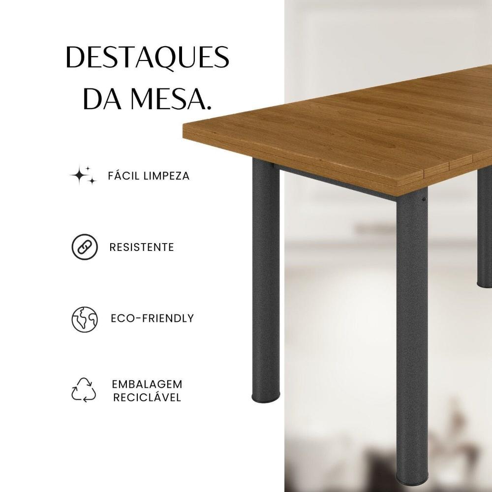 Mesa Retangular Tampo Madeira Maciça Ripado 140x75cm Base Tubo 3" Madeira Maciça/Preto