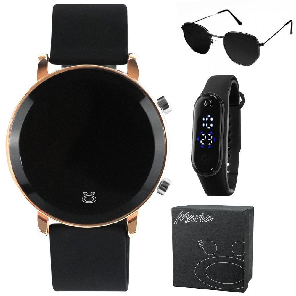 Miniatura Relogio Digital Aço Inox Feminino + Caixa + Oculos Sol Qualidade Premium Original Dourado Presente