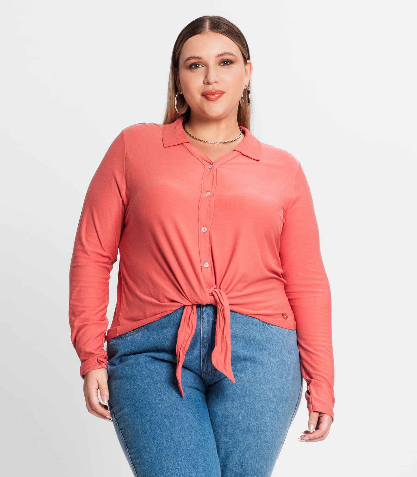 Miniatura Camisa Feminina Plus Size Em Viscose Secret Glam Laranja Plus G1