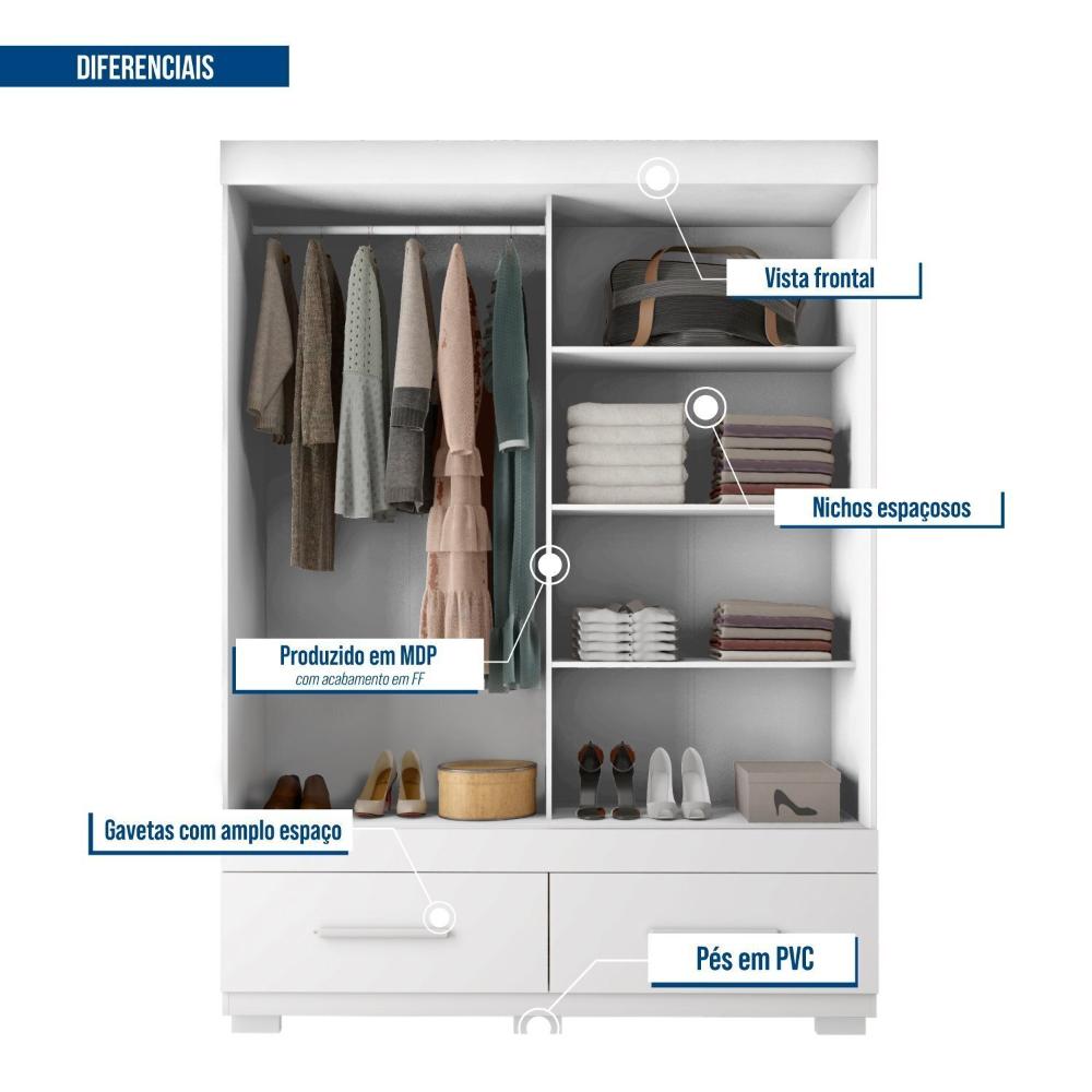 Guarda-roupa Solteiro com Espelho 2 Portas de Correr 2 Gavetas Sereno Branco