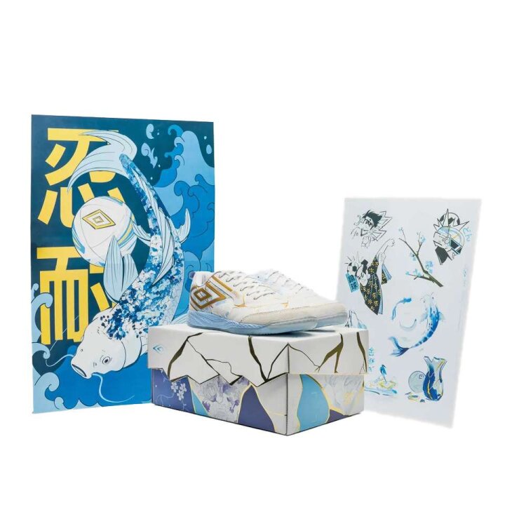 Chuteira Futsal Umbro Pro 5 Bump Kintsugi - Bcoazuldou - BCO/AZUL/DOU