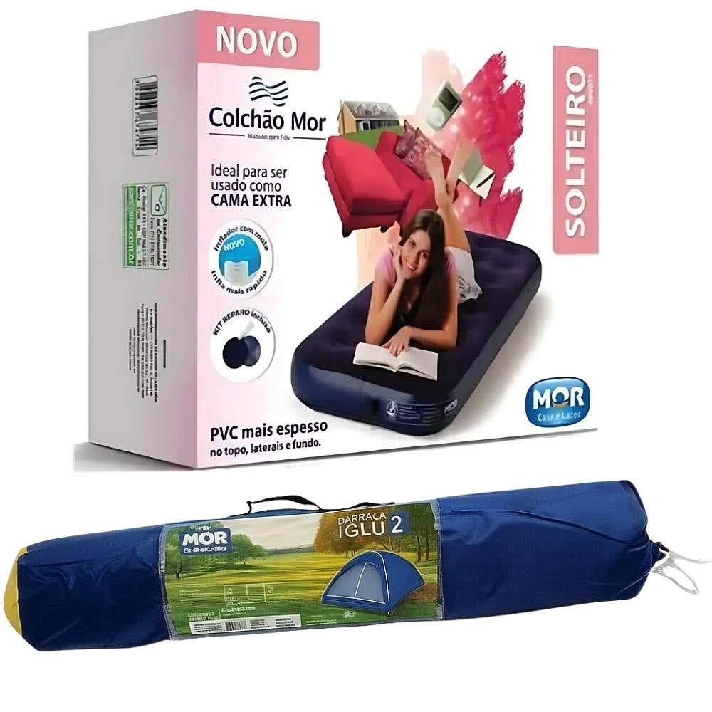 Miniatura Barraca Iglu para Camping 2 Pessoas Azul com Colchão Inflável Solteiro e Inflador Mecânico MOR