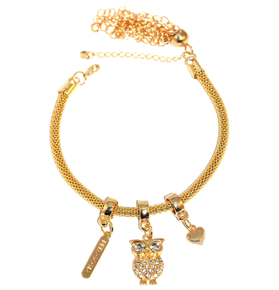 Miniatura Pulseira Berloque Pedagogia Coruja Coração Folheado 18k