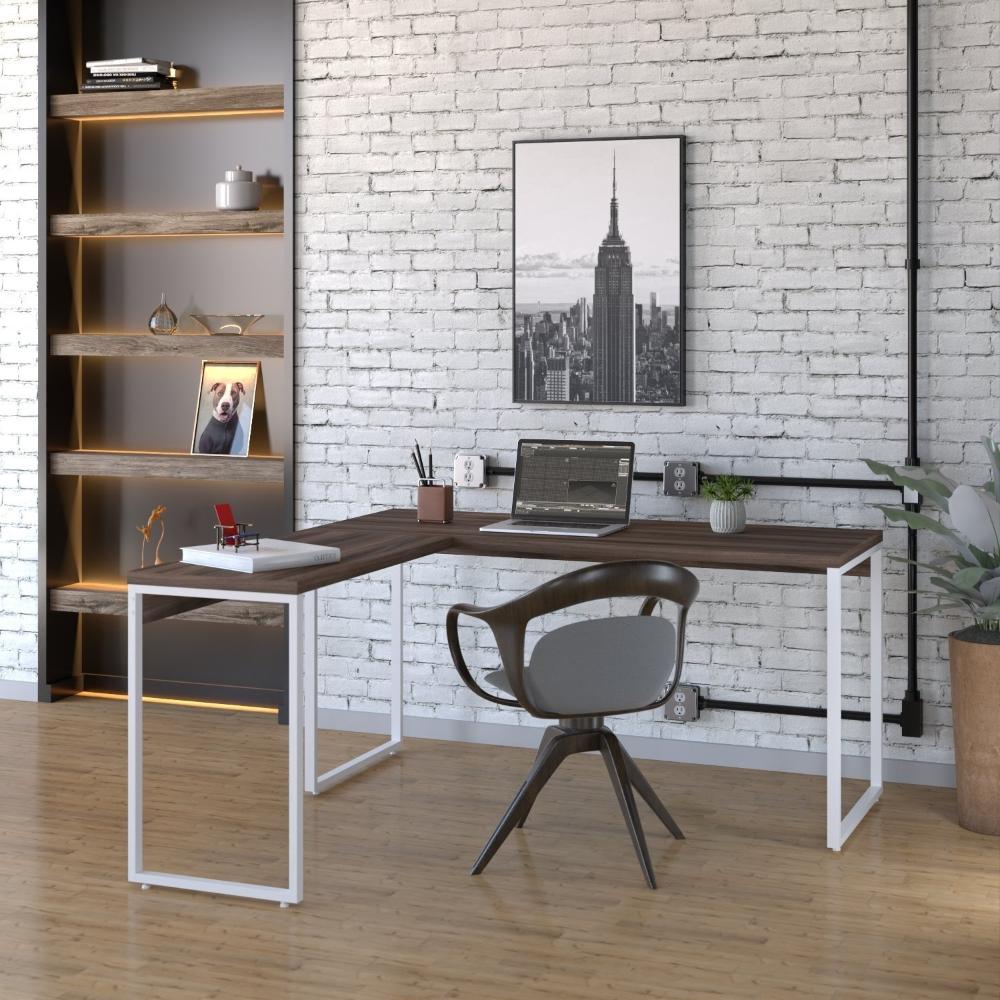 Miniatura Mesa de Escritório em L Estilo Industrial 150x150cm Kuadra Nogal / Est.Branca
