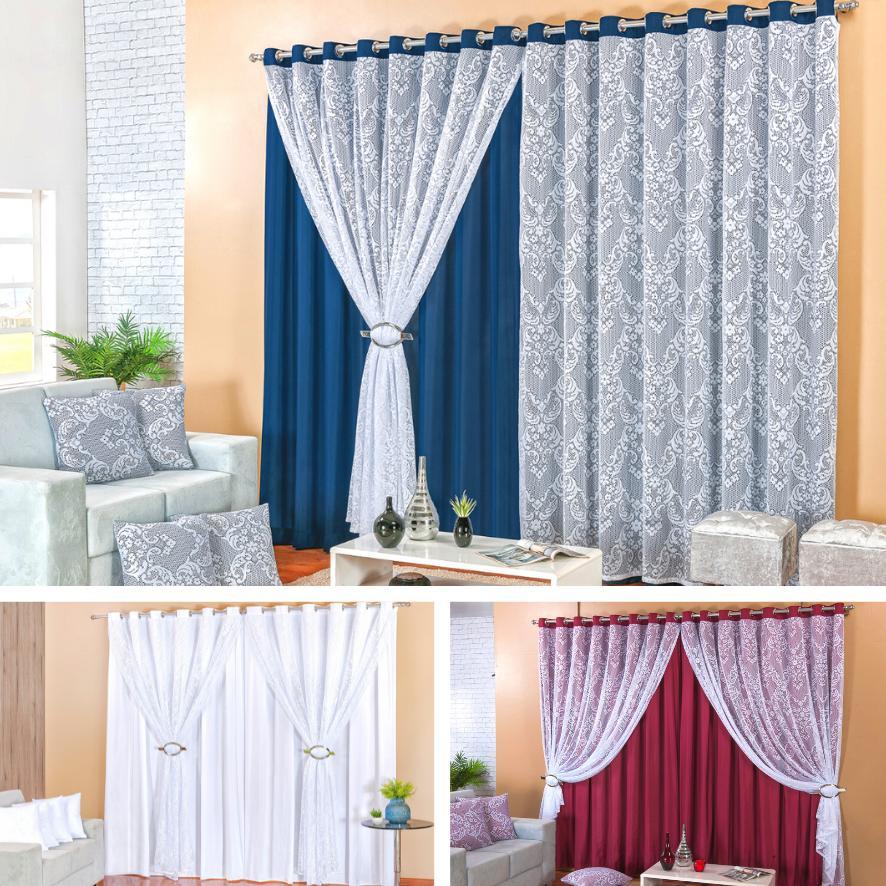 Miniatura Curtina Renda 3M + 4 Capas Almofadas E Presilhas Cor Azul