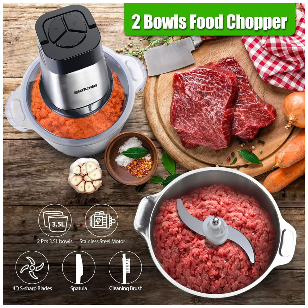 Miniatura Processador de Alimentos Multifuncional 3,5 Litros com 3 Velocidades e 2 Tigelas de Aço Inoxidável, 110V 500W, Qi...
