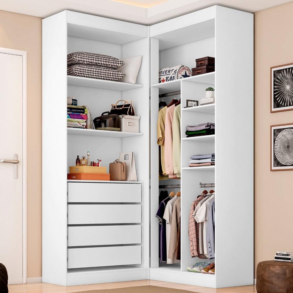 Miniatura Guarda Roupa Closet Casal sem Portas Canto em L com 4 Gavetas e 3 Cabideiros Versatille Yescasa Branco