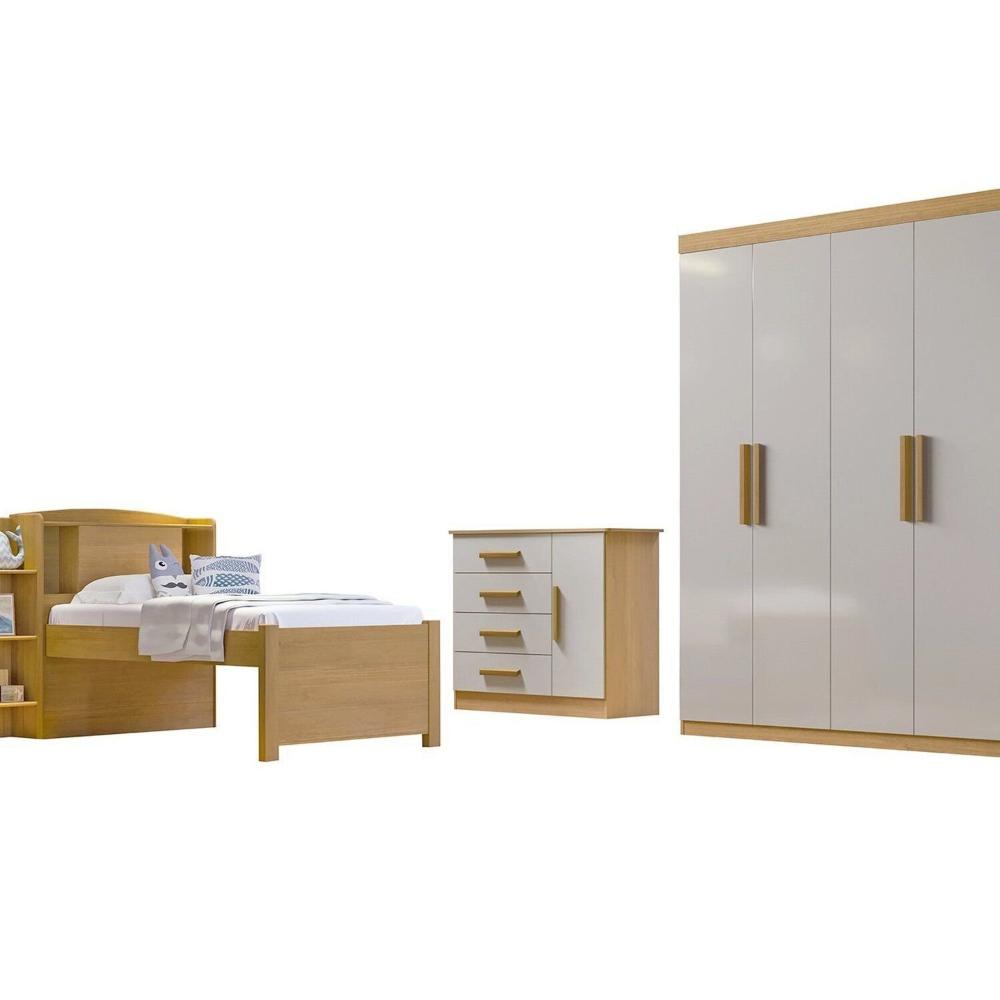 Miniatura Quarto Infantil Completo com Guarda-Roupa Cama 100% MDF e Cômoda Angel Cinamomo / Off White