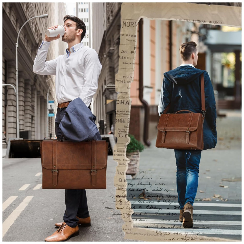 Miniatura Bolsa Carteiro Masculina de Couro Sintético para Laptop com 15,6 Polegadas, IGOLUMON, Marrom 110v