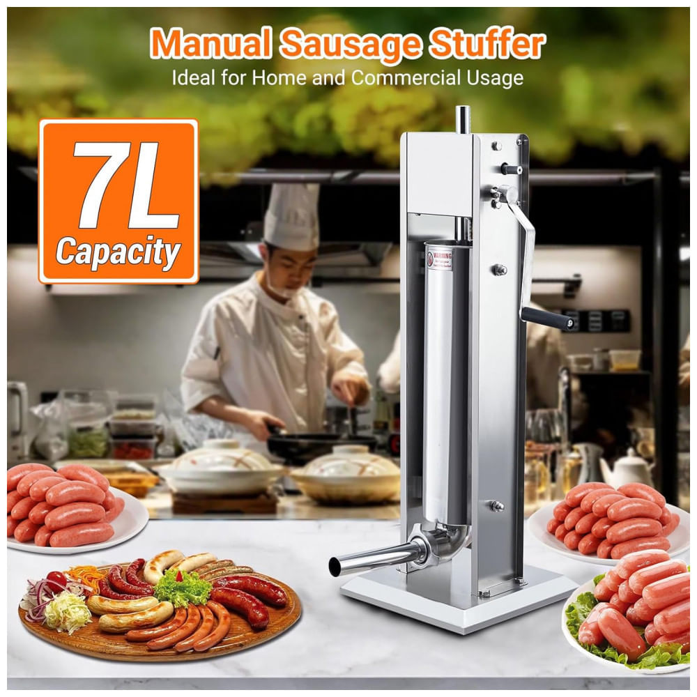 Miniatura Máquina de Embutir Linguiça 15LBS7L Manual, Enchedora de Carne com Dupla Velocidade em Aço Inoxidável, 5 Tubos de Enchimento, ExploreHorizon