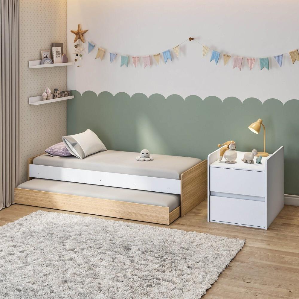 Miniatura Berço Cama Multifuncional Auri com 2 Gavetas e Cama Auxiliar Casatema Carvalho Mel/Branco
