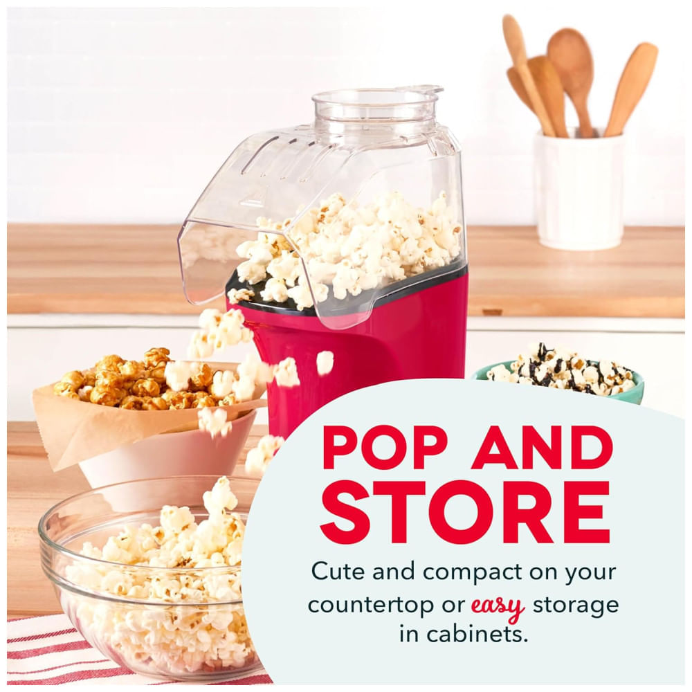 Miniatura Pipoqueira DASH Hot Air Popcorn Popper Maker com Copo Medidor para Porcionar Pipocas e Derreter Manteiga, 16 Copos Vermelha