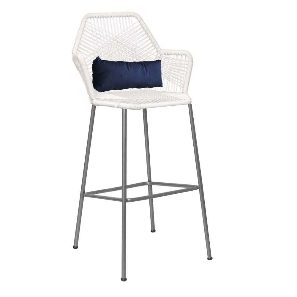 Miniatura Banqueta Alta Com Encosto Sttar Ferro Prata Fibra Branco Almofada Suede Azul Marinho