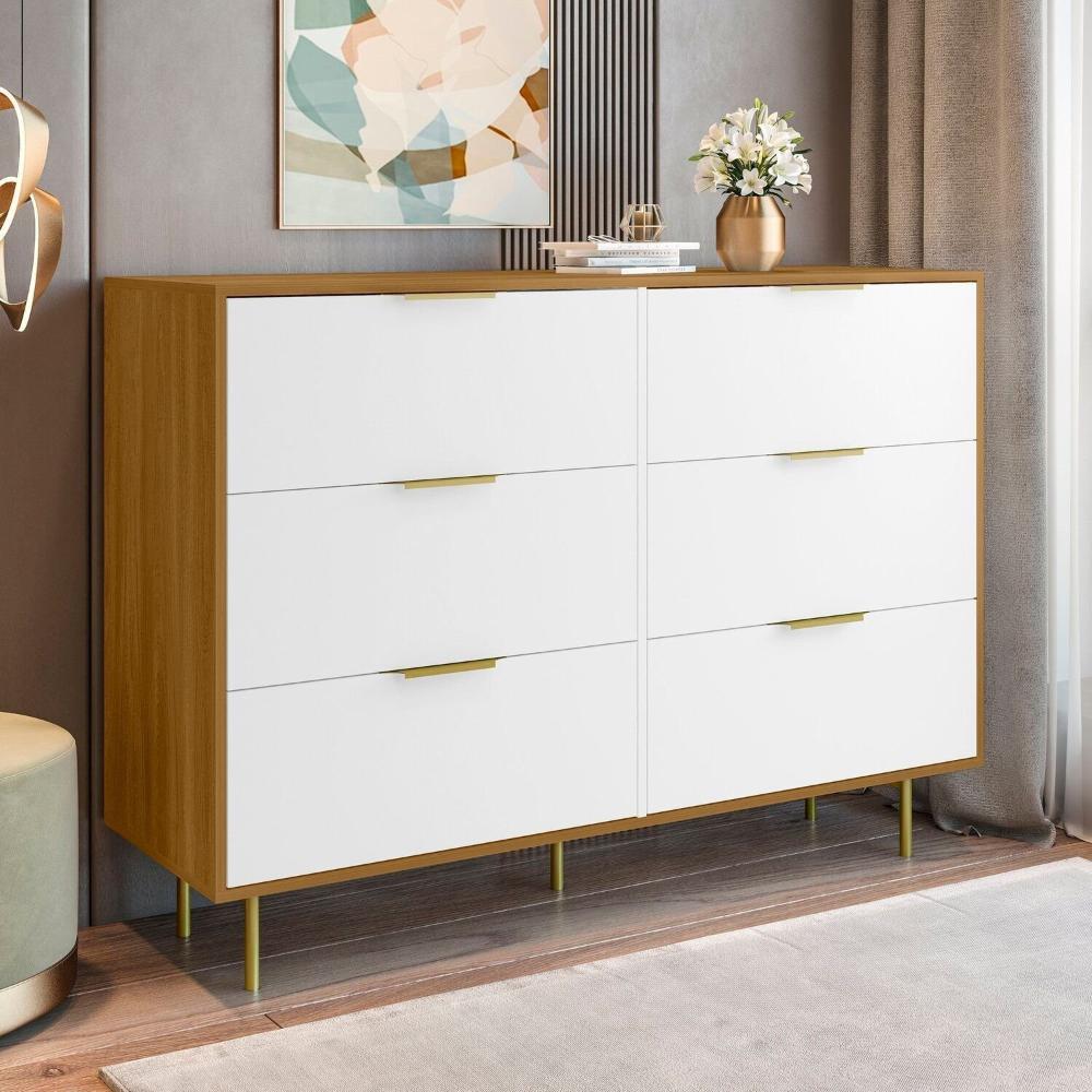 Cômoda para Quarto com 6 Gavetas 135cm X 102cm Safira Freijó/Branco