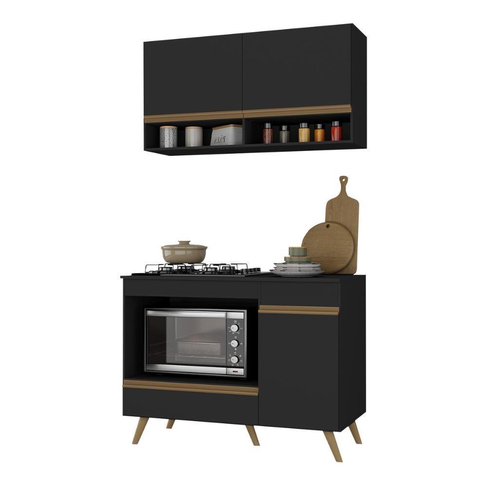 Miniatura Armário De Cozinha Modulada Compacta 105cm Com Balcão Para Cooktop Veneza Multimóveis Mp2260 Preto Dourado