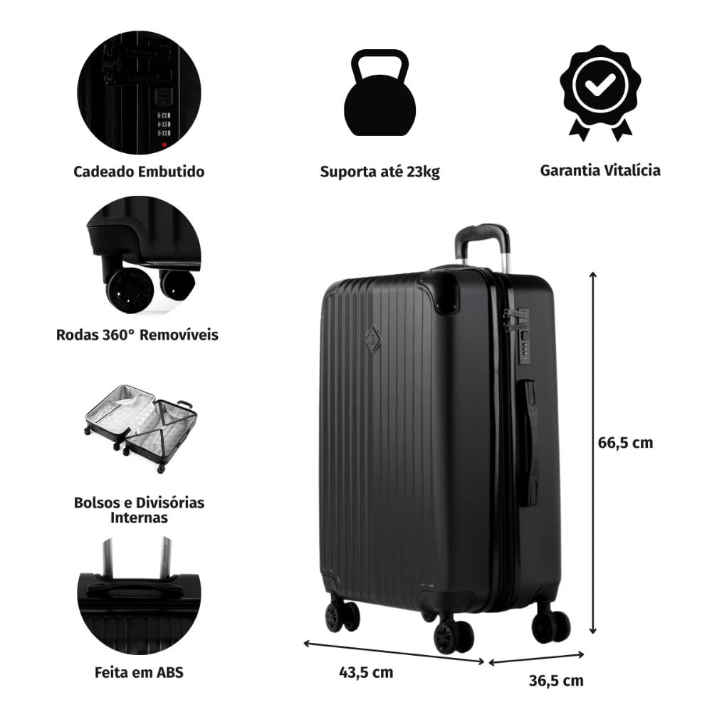 Miniatura Mala Média 23 Kg ABS 4 Rodas Turquia II Preta Preto - M