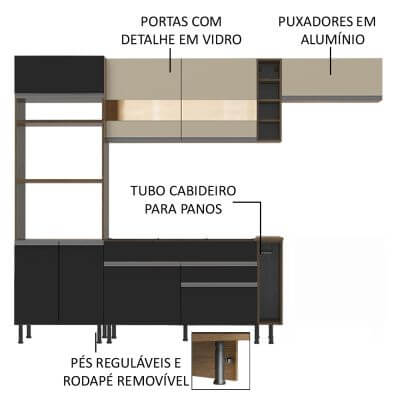 Cozinha Completa Madesa Safira com Armário e Balcão (Sem Tampo,Pia e Rodapé) Rustic/Preto/Crema Cor:Rustic/Preto/Crema