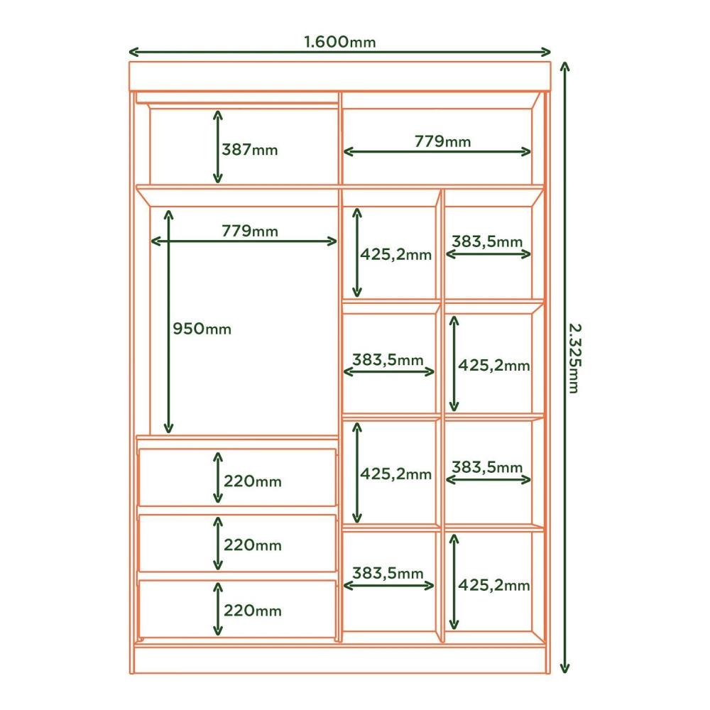 Miniatura Guarda-roupa Casal Bagda 3 Portas 3 Gavetas com Espelho Castanho/Off White