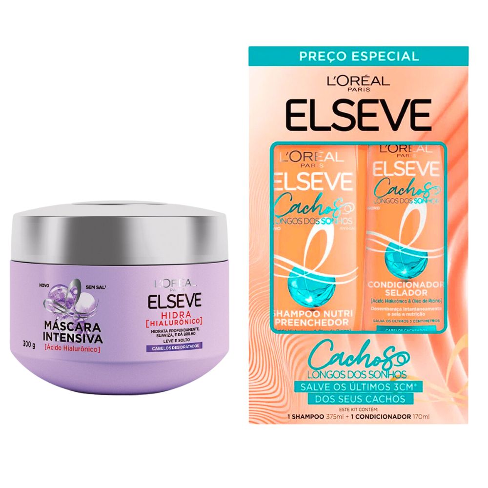 Miniatura Kit Shampoo Elseve Longos Cachos dos Sonhos 375ml + Condicionador 170ml e Creme de Tratamento Preenchedor L'Oréal Paris Elseve Hidra Hialurônico 300g
