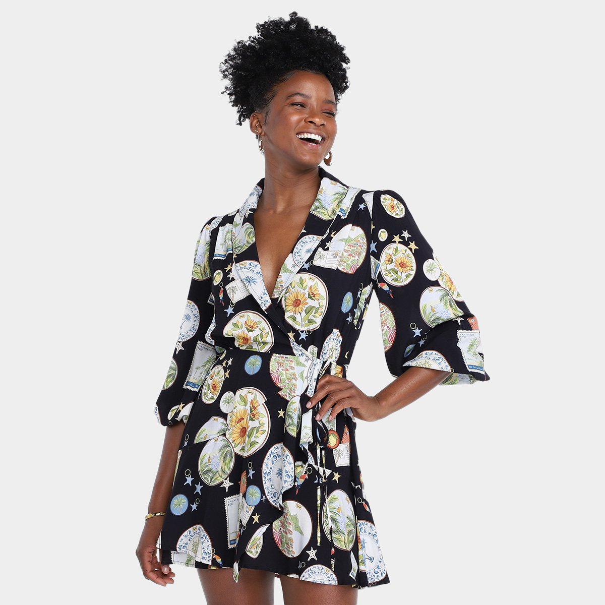 Miniatura Vestido Farm Curto Manga Souvenir Feminino Preto - G