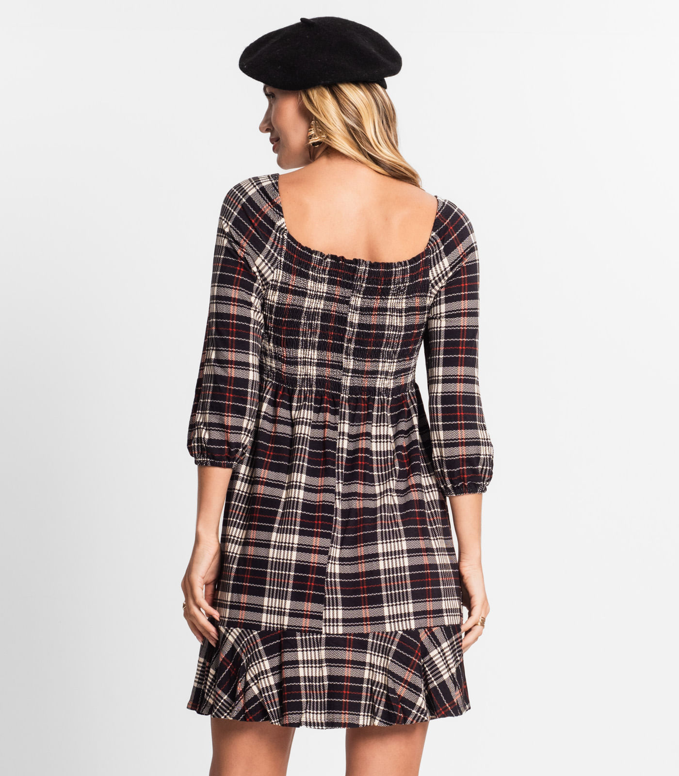 Miniatura Vestido Xadrez Feminino Mangas 3/4 Endless Preto G